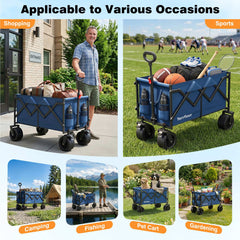 Terrfour Collapsible Wagon Cart with Tank Wheels, 580LBS Heavy Duty Folding Beach Wagon for Camping Garden Sports Shopping, Navy Blue