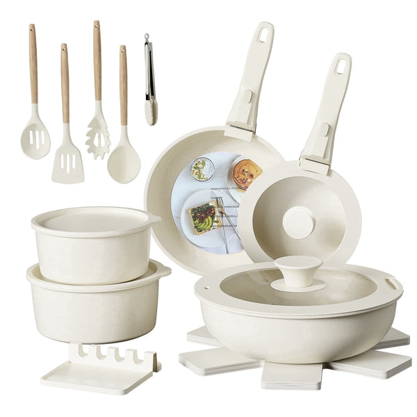 NULAS 21 Piece Pots and Pans Set Non Stick, Stackable RV Kitchen Cooking Set , Cookware Set with Detachable Handle, Dishwasher Safe, Oven Safe, Cream White