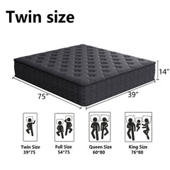 Tryagat 14” Twin Hybrid Mattress in a Box, Medium Firm Twin Size Mattresses, Cooling Gel Memory Foam Mattress with Individually Wrapped Pocket Coils, Pressure Relief