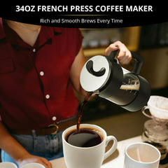 Acarner French Press Coffee Maker 35 oz, Stainless Steel Cold Brew Coffee Make,Heat Resistant Thick Borosilicate Glass French Presses with Fine Filtration System, Black