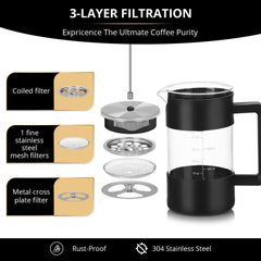 Acarner French Press Coffee Maker 35 oz, Stainless Steel Cold Brew Coffee Make,Heat Resistant Thick Borosilicate Glass French Presses with Fine Filtration System, Black